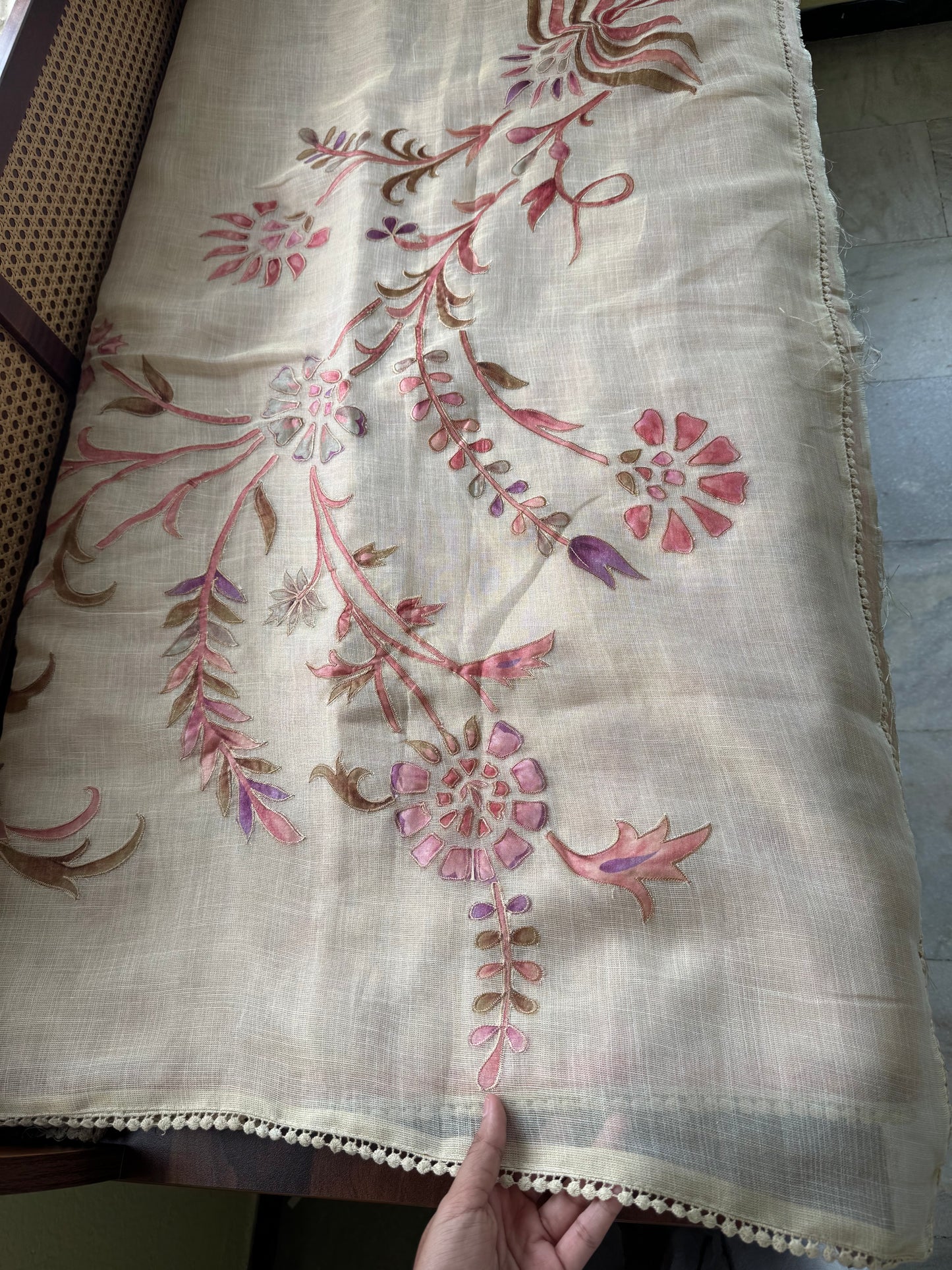Premium Tissue Linen Sarees with appliqué work - Half White & Peach