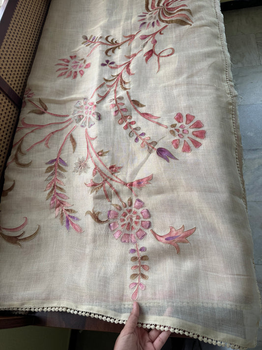 Premium Tissue Linen Sarees with appliqué work - Half White & Peach