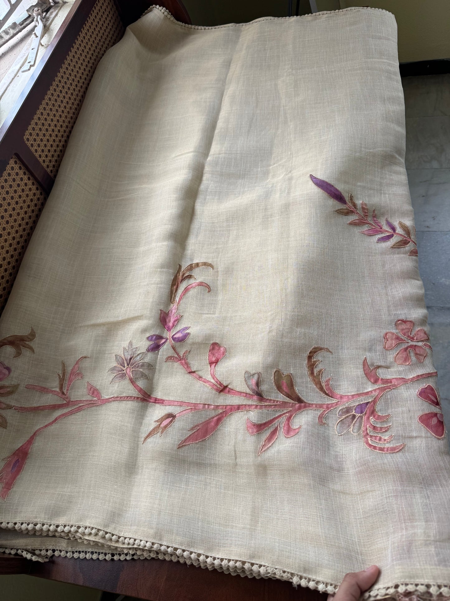Premium Tissue Linen Sarees with appliqué work - Half White & Peach
