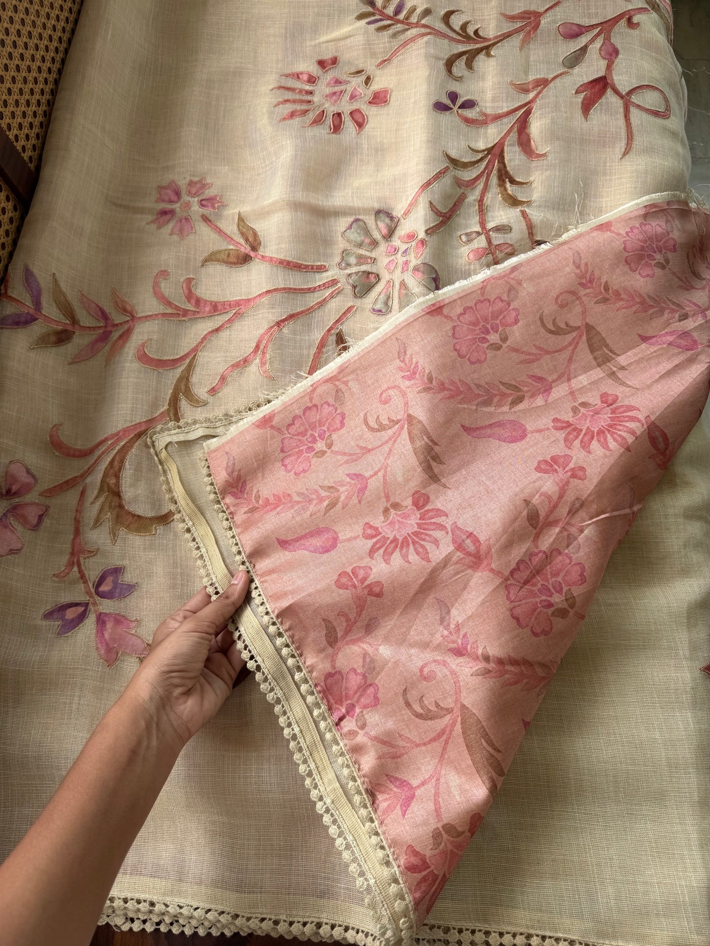 Premium Tissue Linen Sarees with appliqué work - Half White & Peach