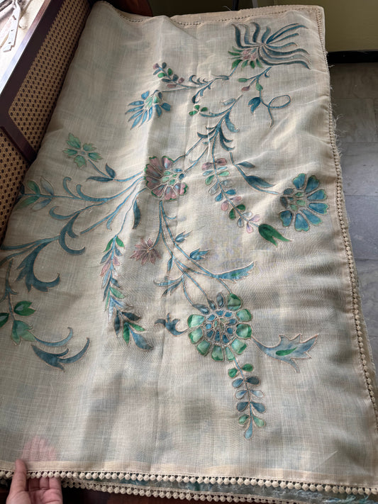 Premium Tissue Linen Sarees with appliqué work - Half White & Blue