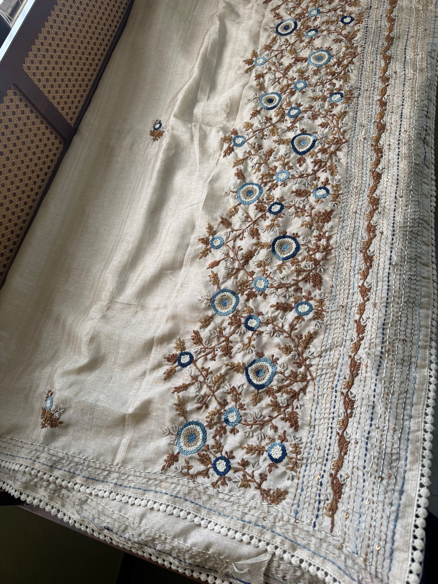Premium Tussar Blend Saree with Handwork - Halfwhite & Blue