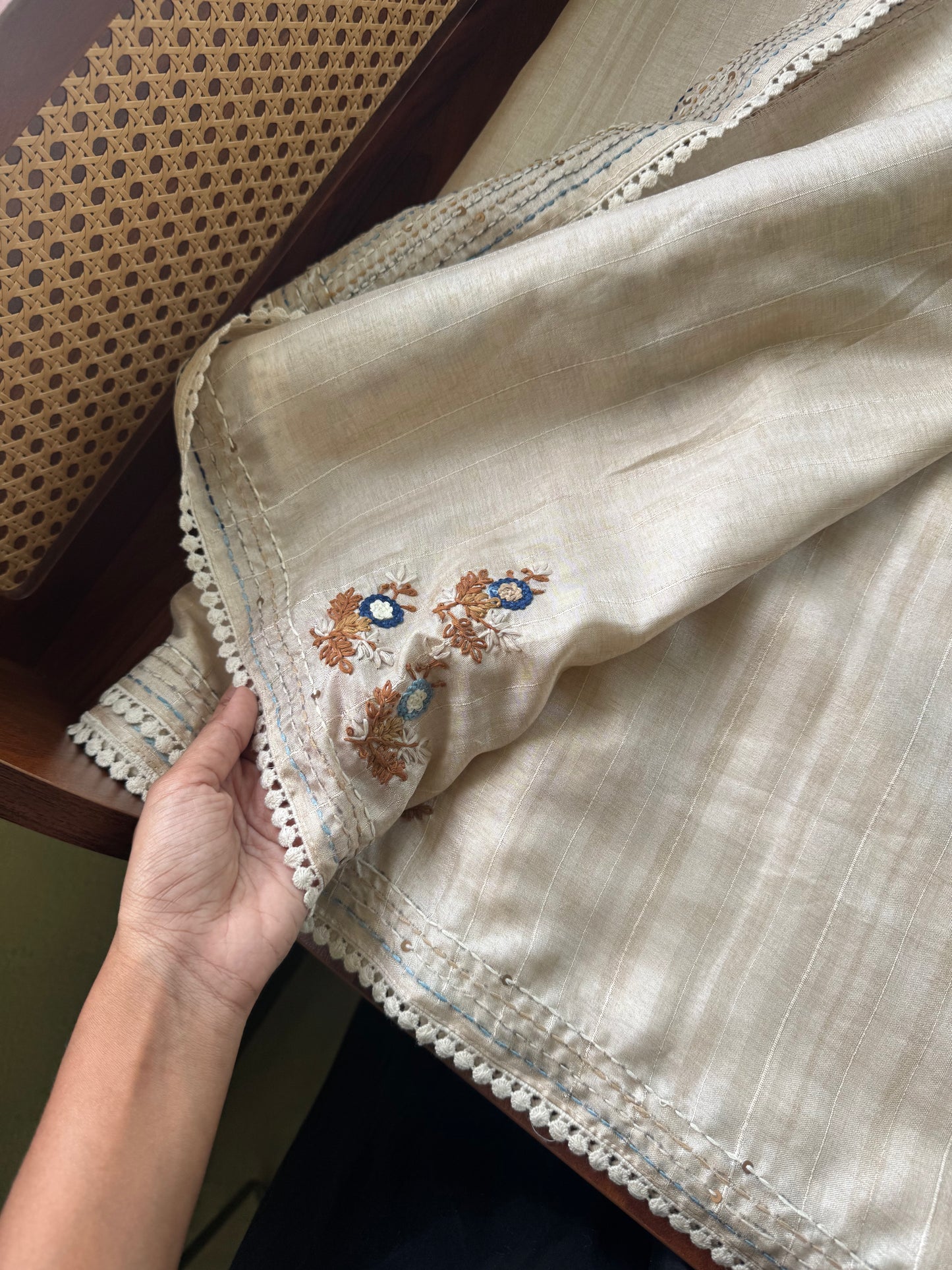 Premium Tussar Blend Saree with Handwork - Halfwhite & Blue