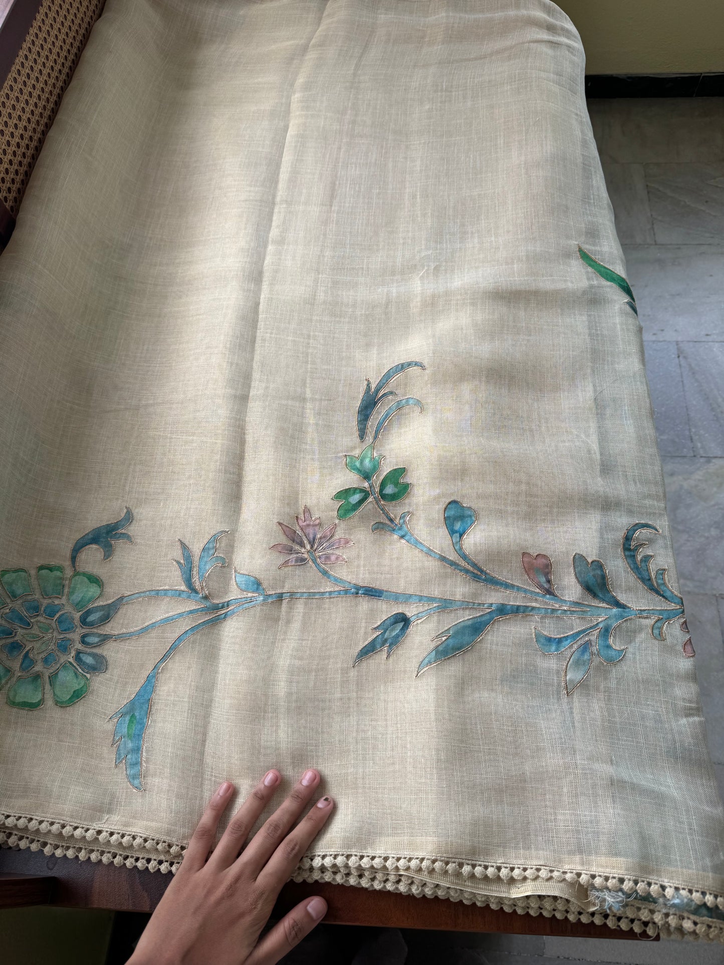 Premium Tissue Linen Sarees with appliqué work - Half White & Blue