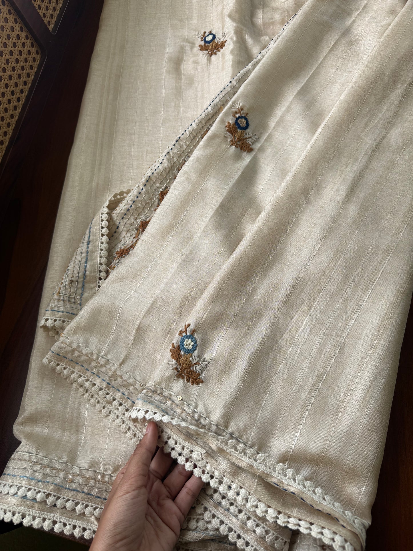 Premium Tussar Blend Saree with Handwork - Halfwhite & Blue