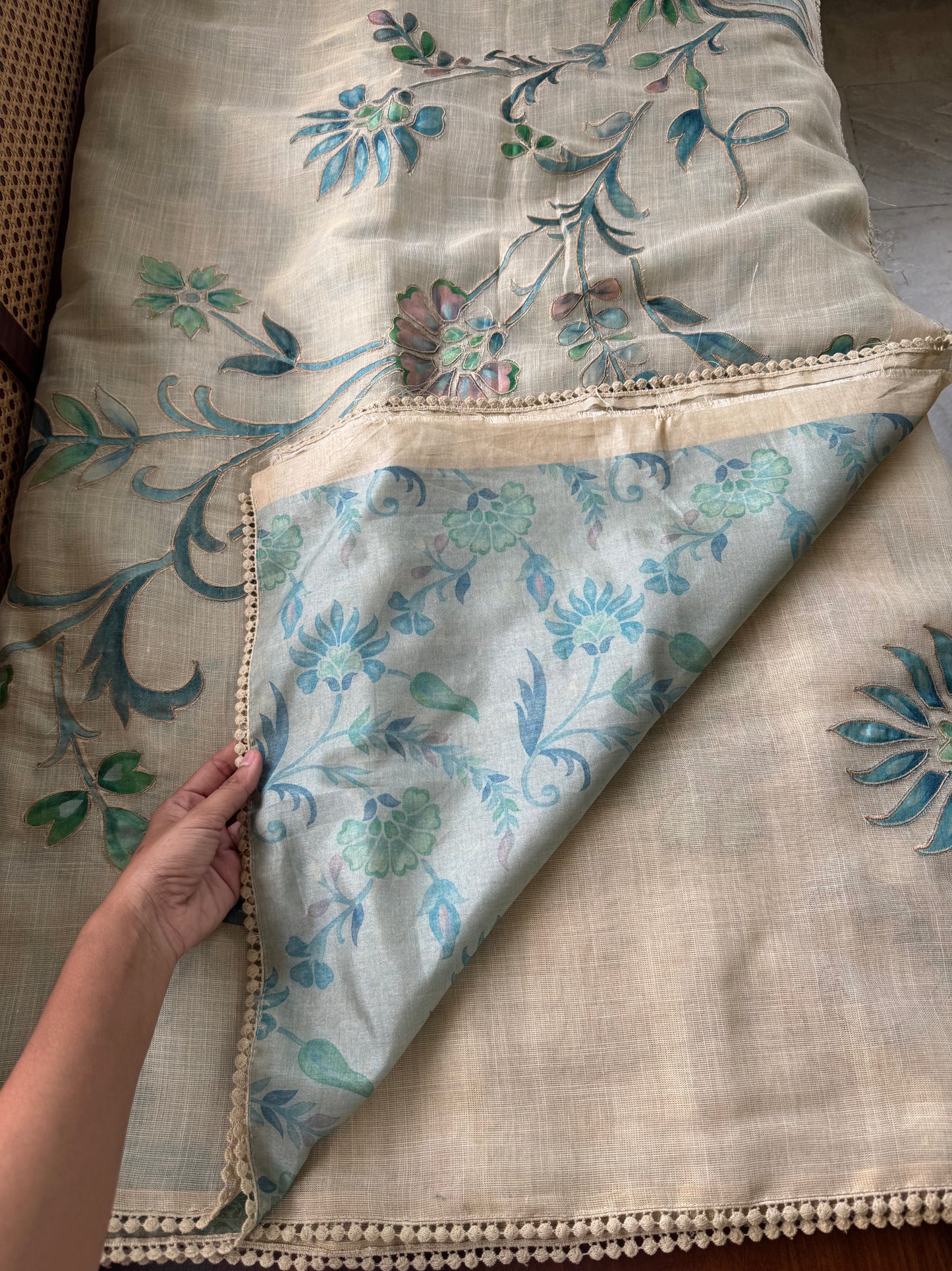 Premium Tissue Linen Sarees with appliqué work - Half White & Blue