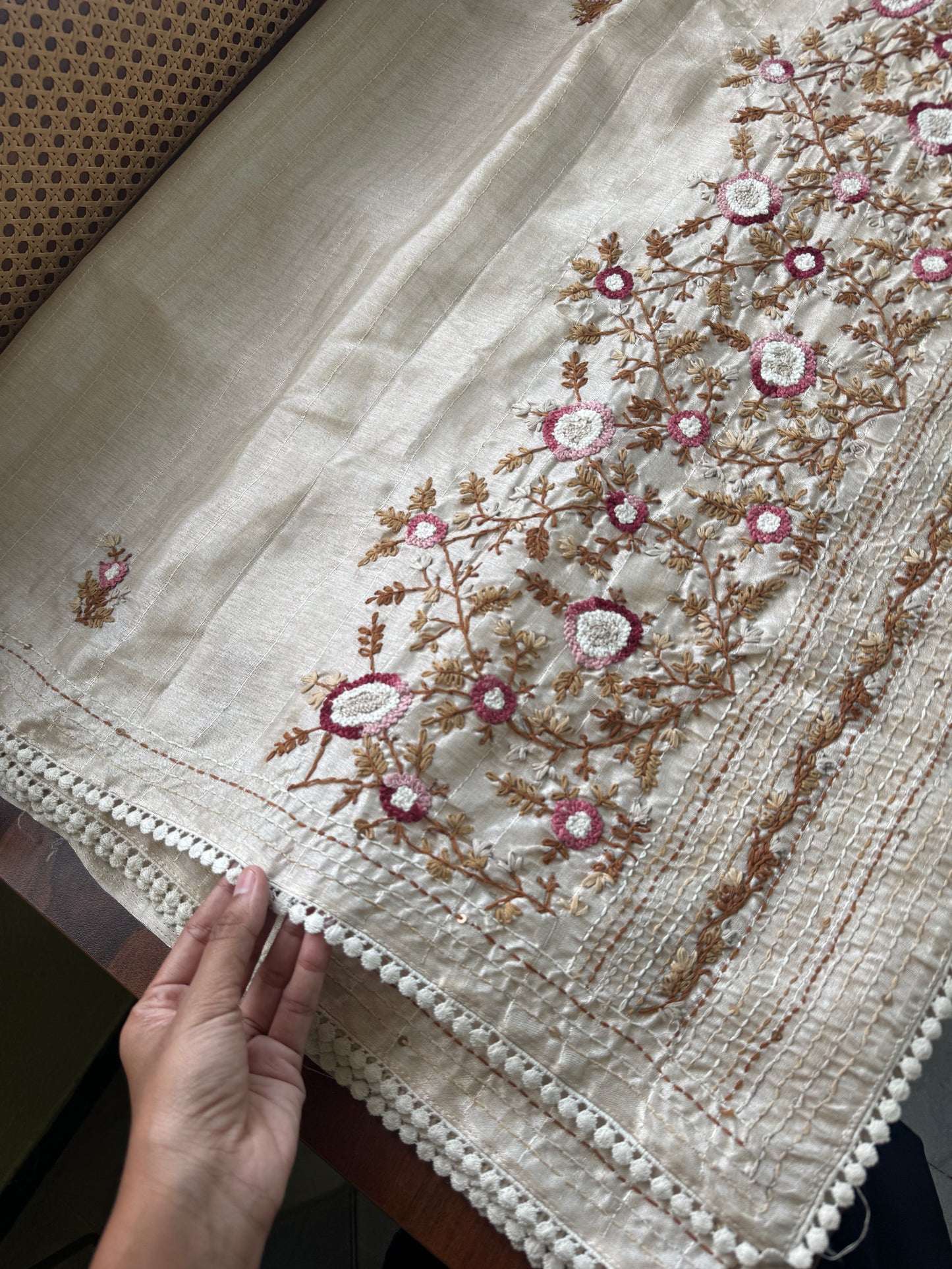 Premium Tussar Blend Saree with Handwork - Halfwhite & Maroon