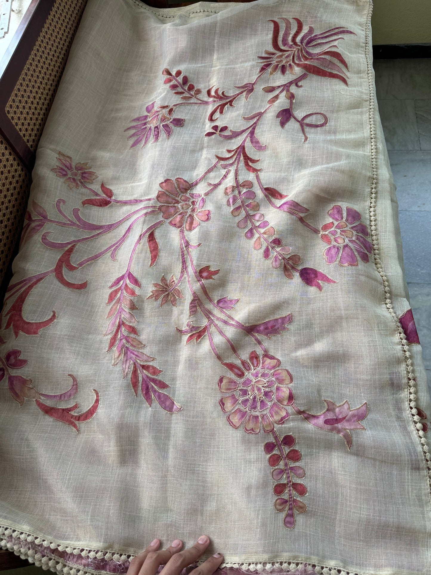 Premium Tissue Linen Sarees with appliqué work - Half White & Pink