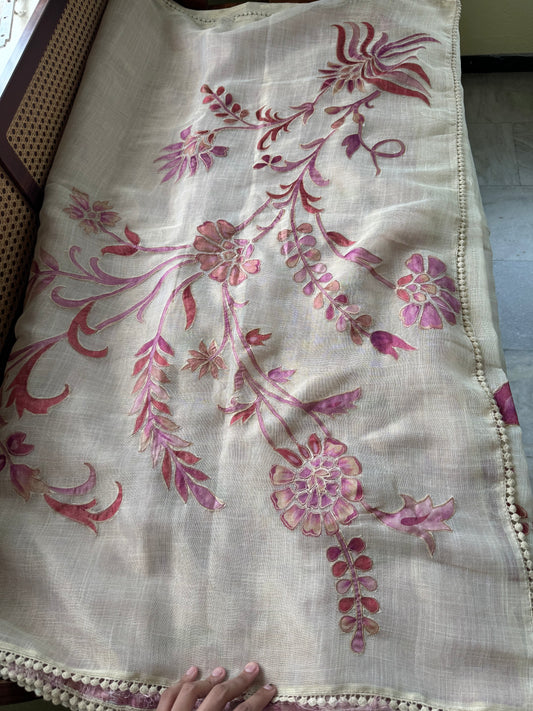 Premium Tissue Linen Sarees with appliqué work - Half White & Pink