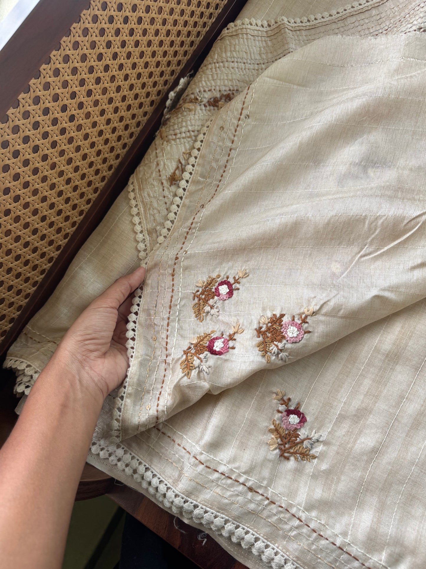 Premium Tussar Blend Saree with Handwork - Halfwhite & Maroon