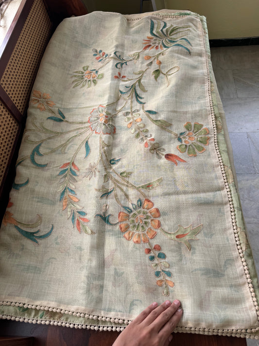 Premium Tissue Linen Sarees with appliqué work - Half White & Green