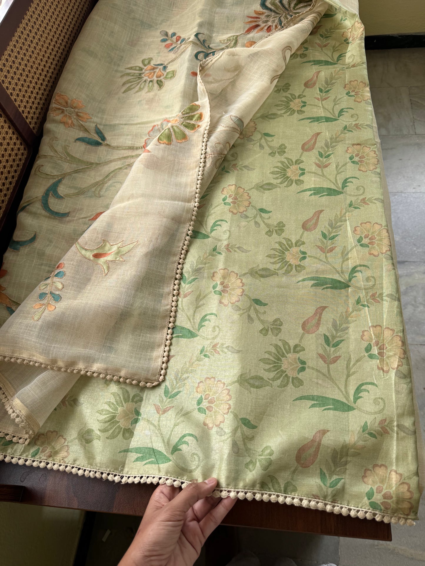 Premium Tissue Linen Sarees with appliqué work - Half White & Green