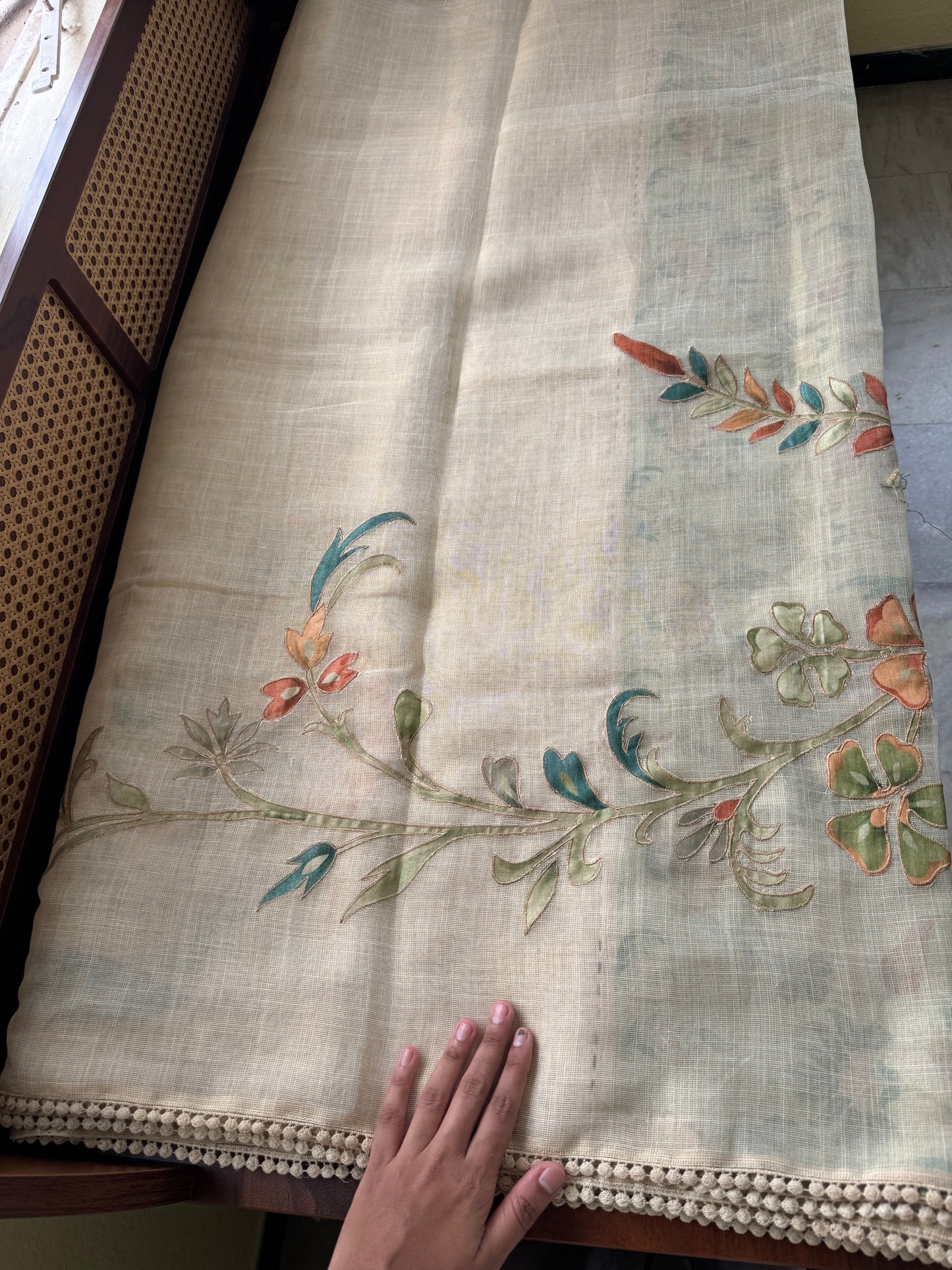Premium Tissue Linen Sarees with appliqué work - Half White & Green