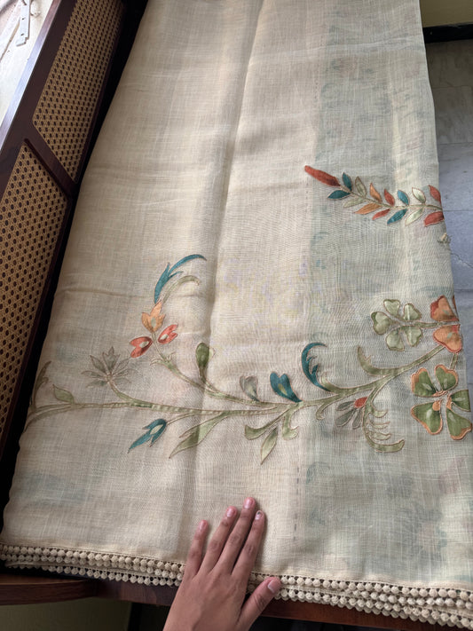 Premium Tissue Linen Sarees with appliqué work - Half White & Green