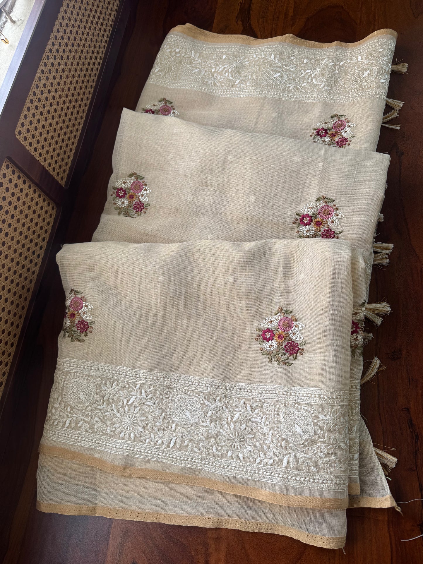 Premium Tissue Linen Sarees - Half White & Pink