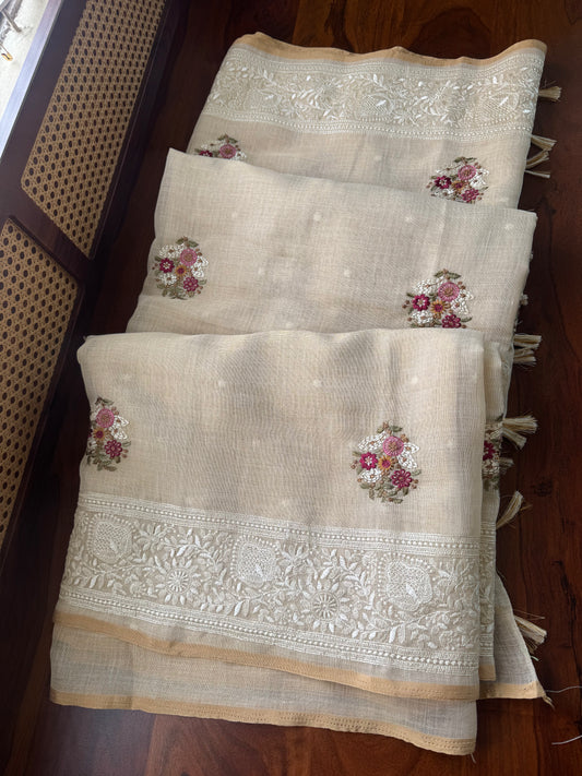 Premium Tissue Linen Sarees - Half White & Pink