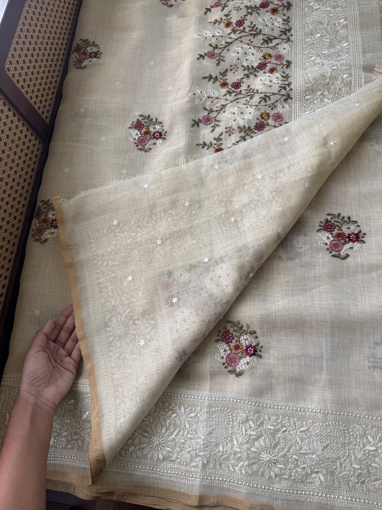 Premium Tissue Linen Sarees - Half White & Pink