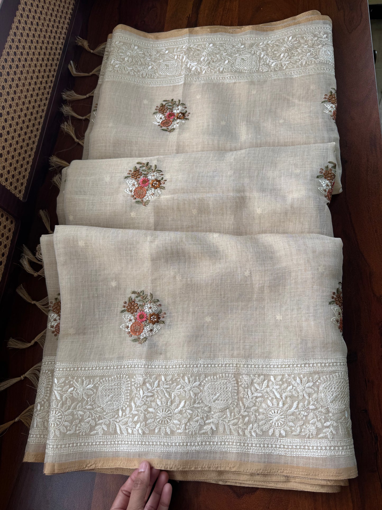 Premium Tissue Linen Sarees - Half White & Marigold