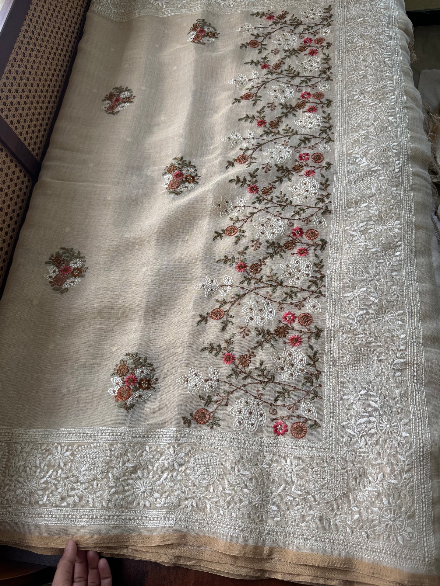 Premium Tissue Linen Sarees - Half White & Marigold