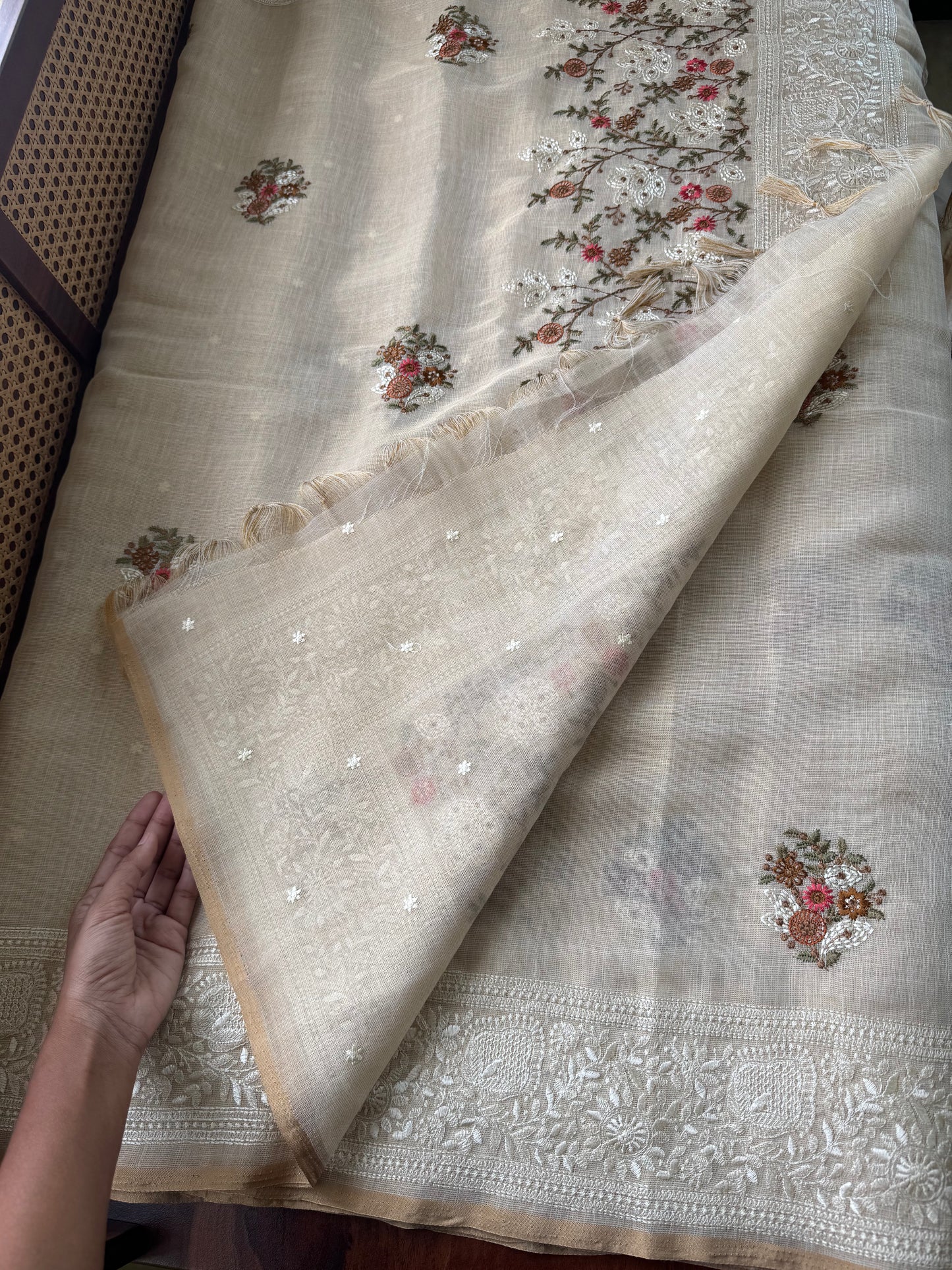 Premium Tissue Linen Sarees - Half White & Marigold