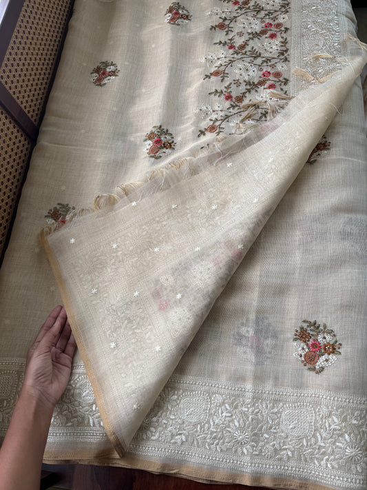 Premium Tissue Linen Sarees - Half White & Marigold