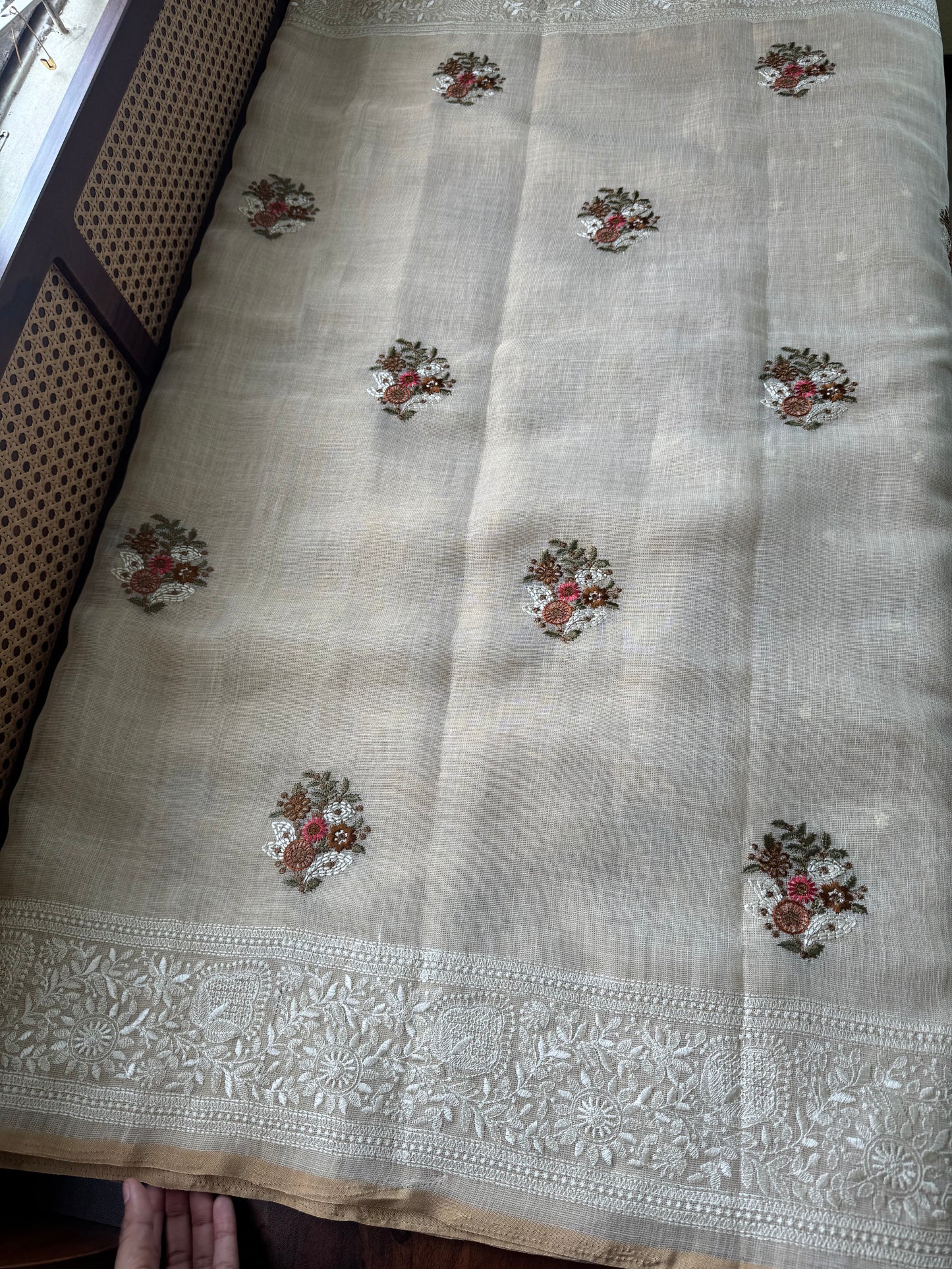 Premium Tissue Linen Sarees - Half White & Marigold