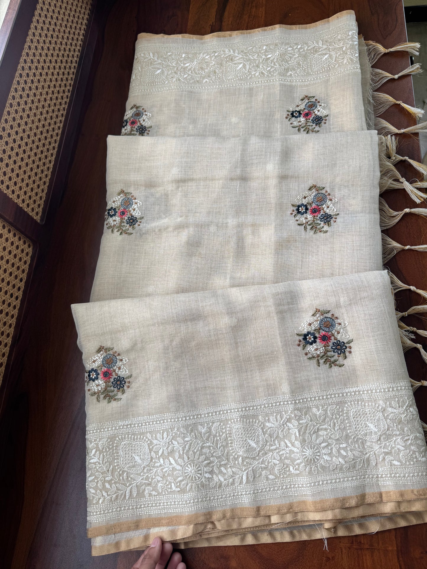 Premium Tissue Linen Sarees - Half White & Navy Blue
