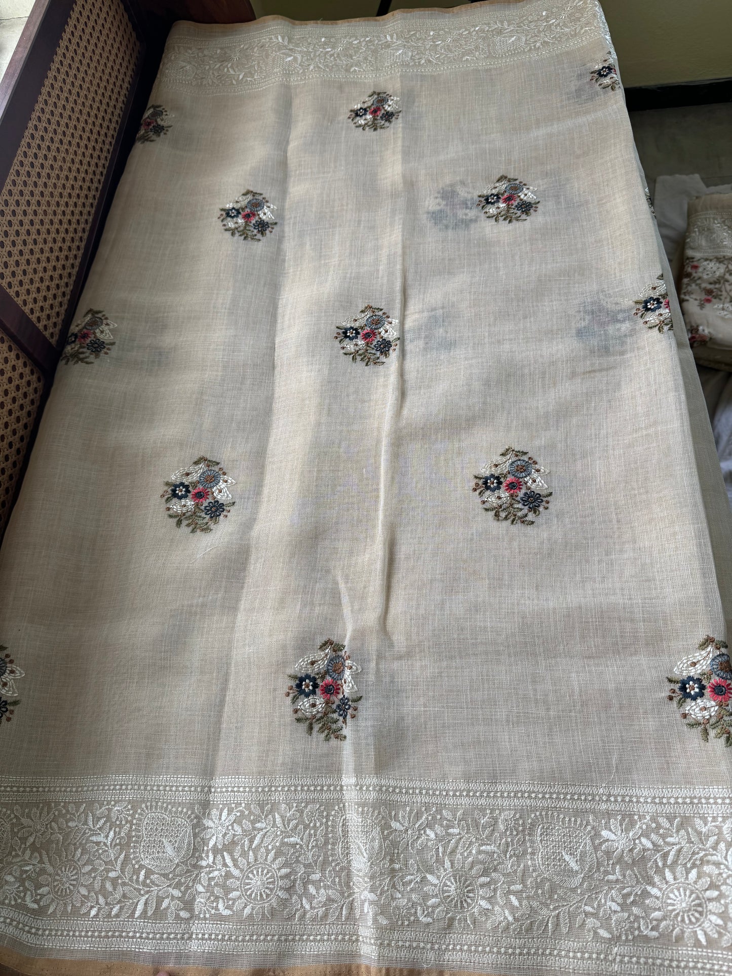 Premium Tissue Linen Sarees - Half White & Navy Blue