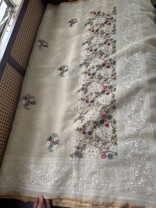 Premium Tissue Linen Sarees - Half White & Navy Blue