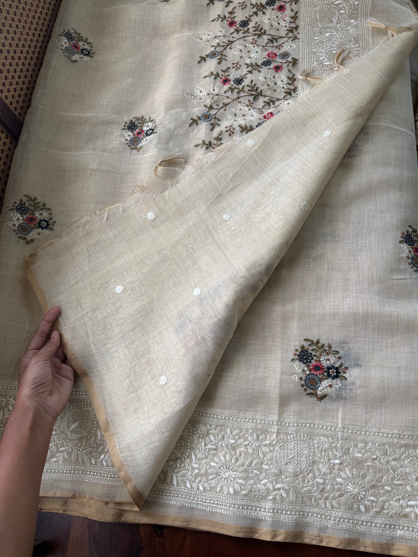 Premium Tissue Linen Sarees - Half White & Navy Blue