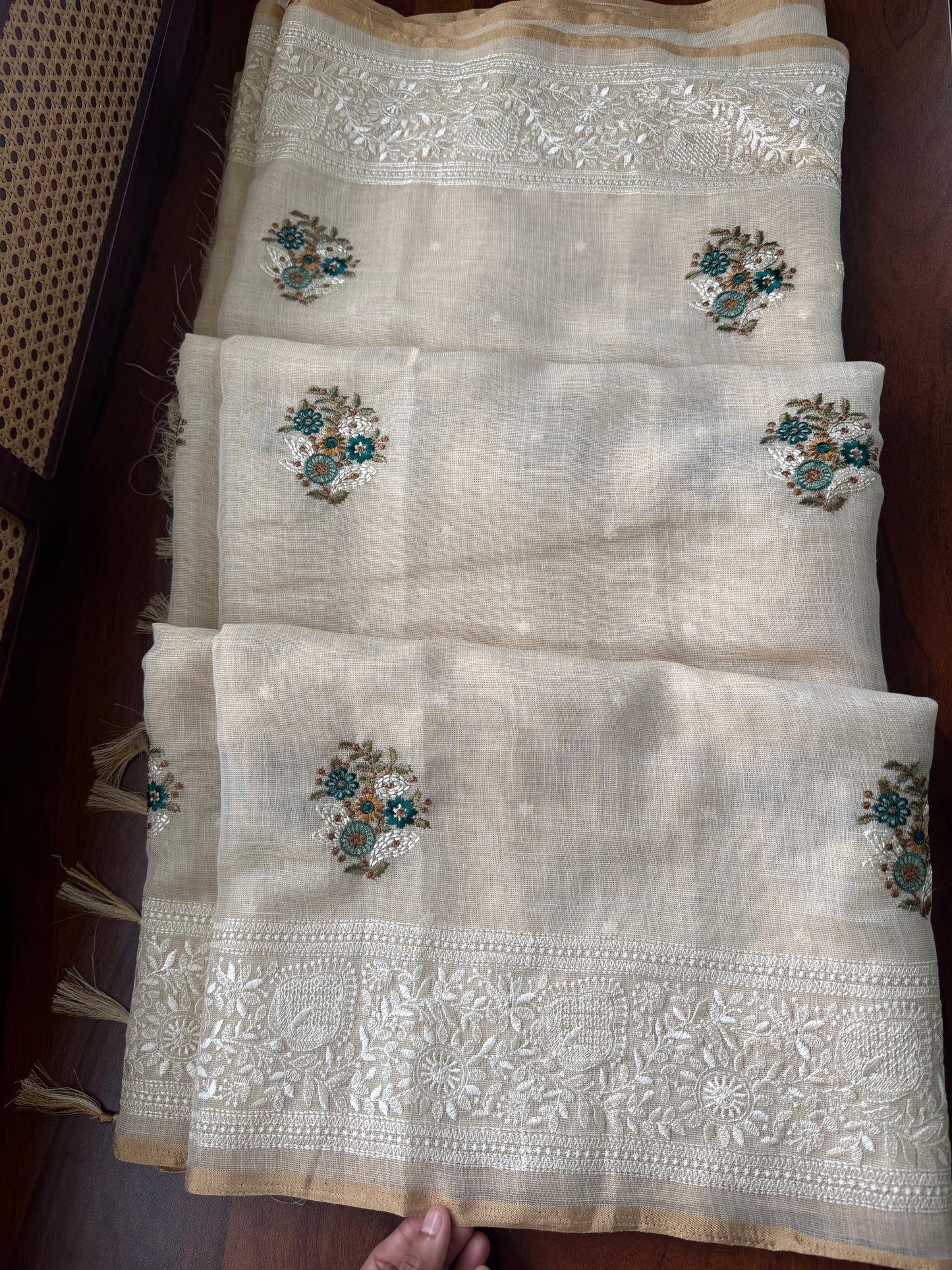 Premium Tissue Linen Sarees - Half White & Peacock Blue
