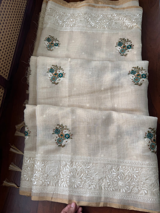Premium Tissue Linen Sarees - Half White & Peacock Blue