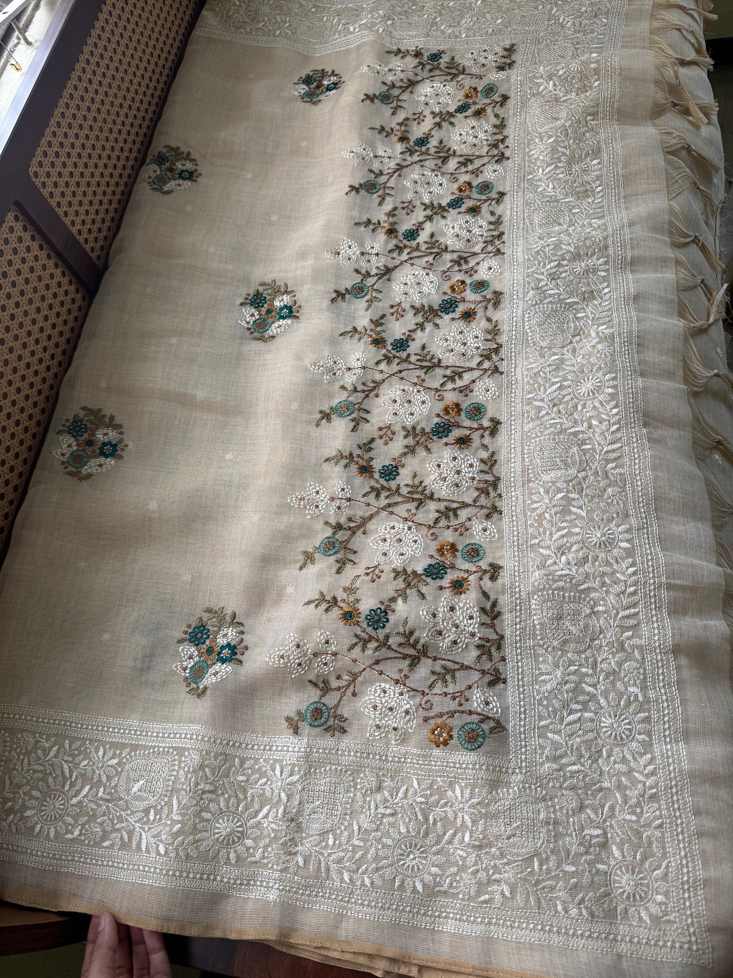 Premium Tissue Linen Sarees - Half White & Peacock Blue