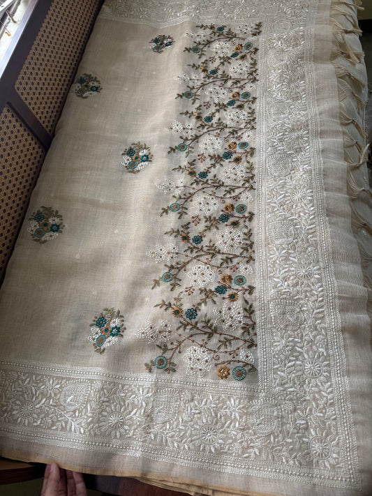 Premium Tissue Linen Sarees - Half White & Peacock Blue