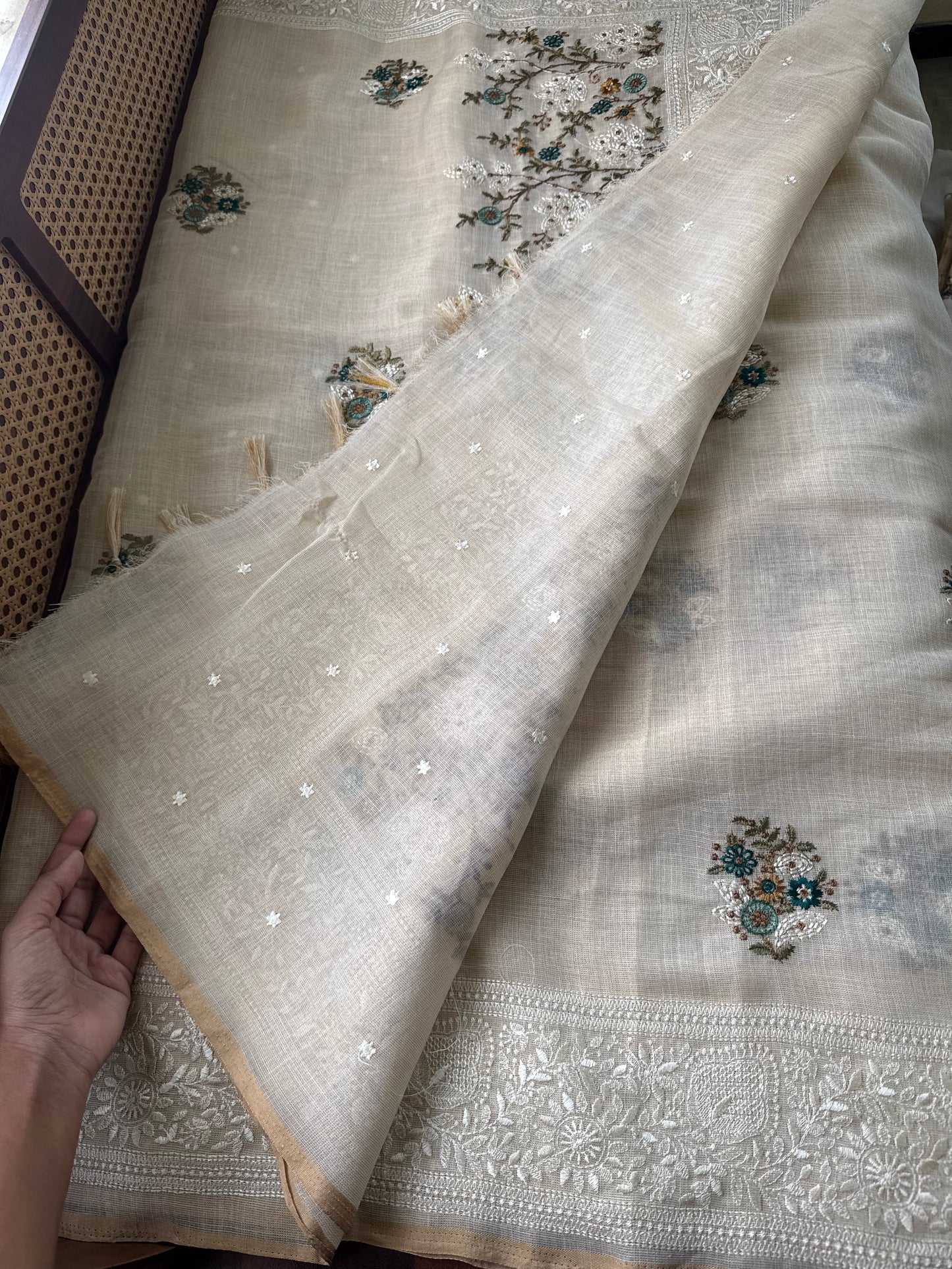 Premium Tissue Linen Sarees - Half White & Peacock Blue