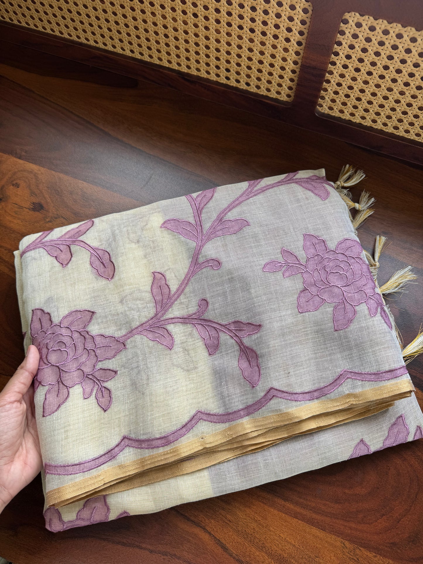 Premium Tissue Linen Sarees with appliqué work - Half White & Lavender