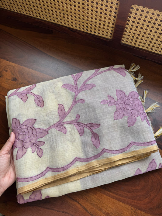 Premium Tissue Linen Sarees with appliqué work - Half White & Lavender