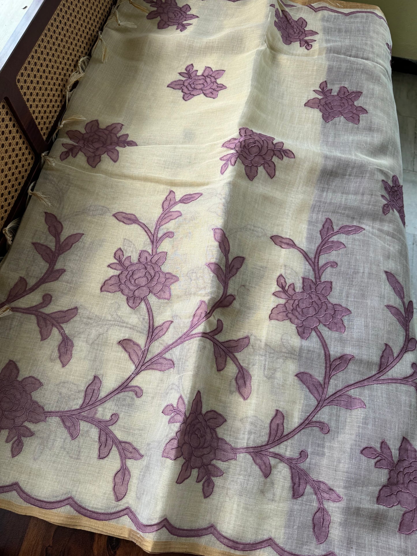 Premium Tissue Linen Sarees with appliqué work - Half White & Lavender
