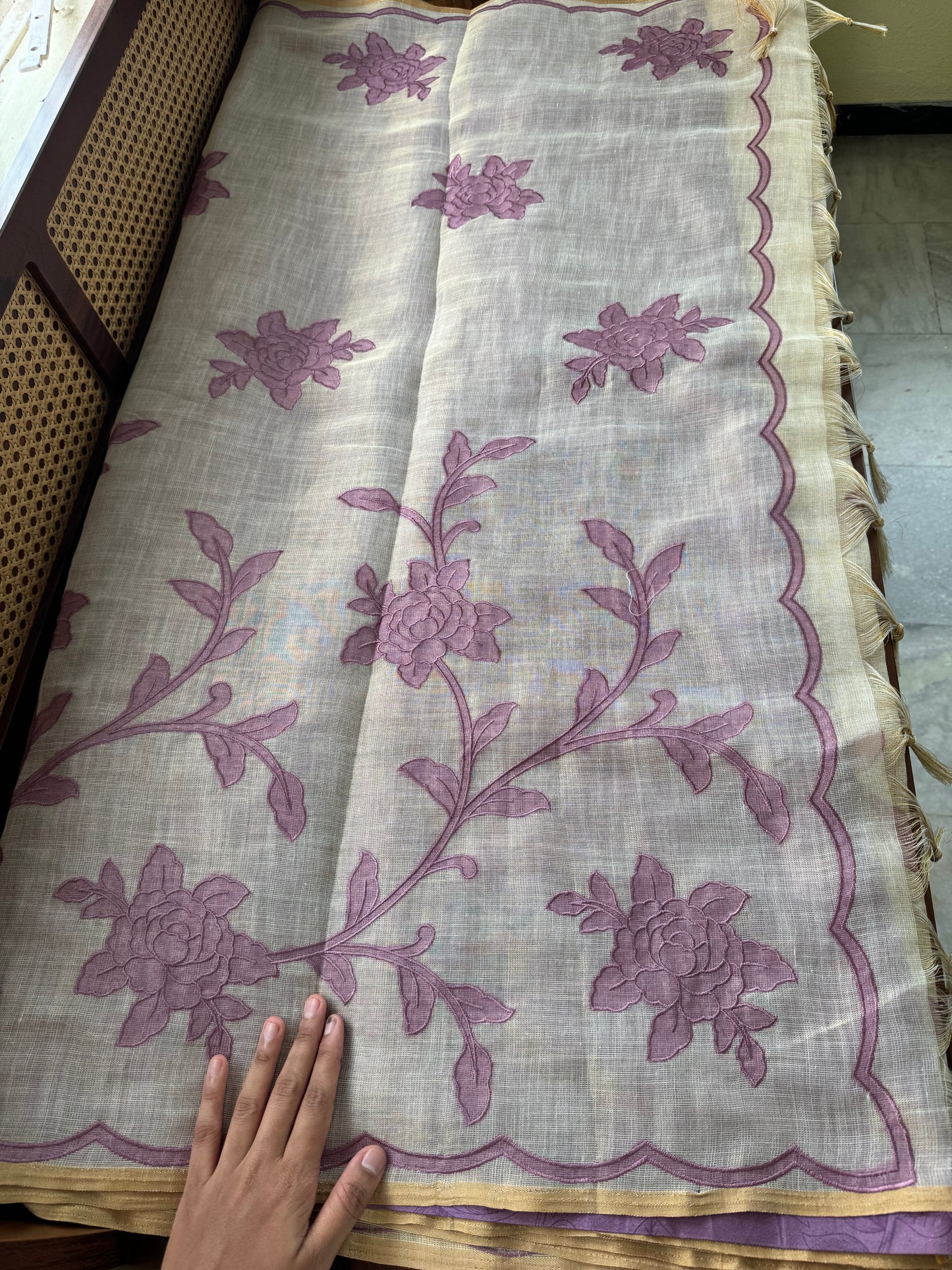 Premium Tissue Linen Sarees with appliqué work - Half White & Lavender