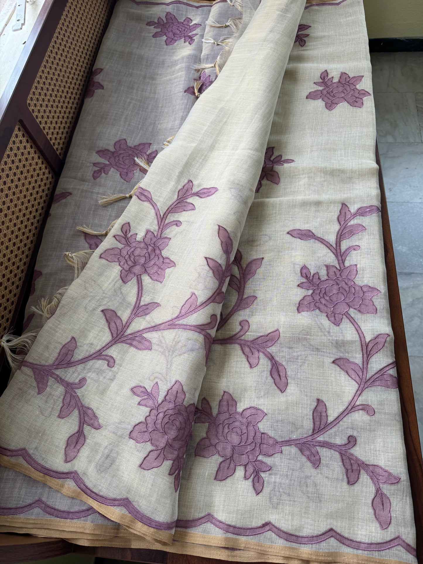 Premium Tissue Linen Sarees with appliqué work - Half White & Lavender
