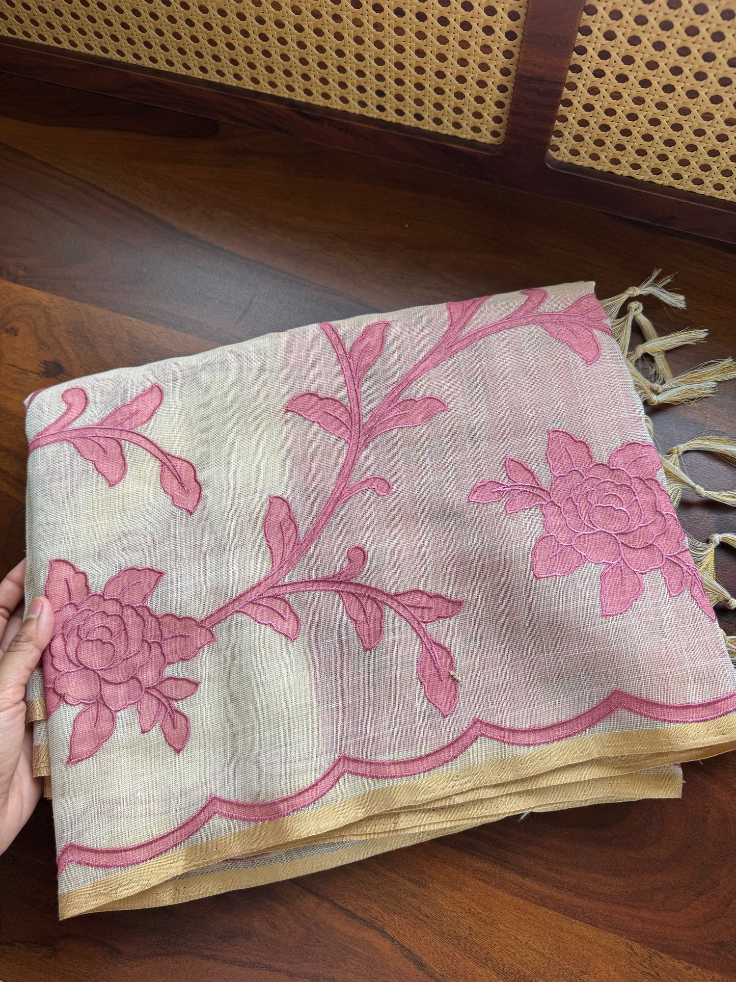 Premium Tissue Linen Sarees with appliqué work - Half White & Pink