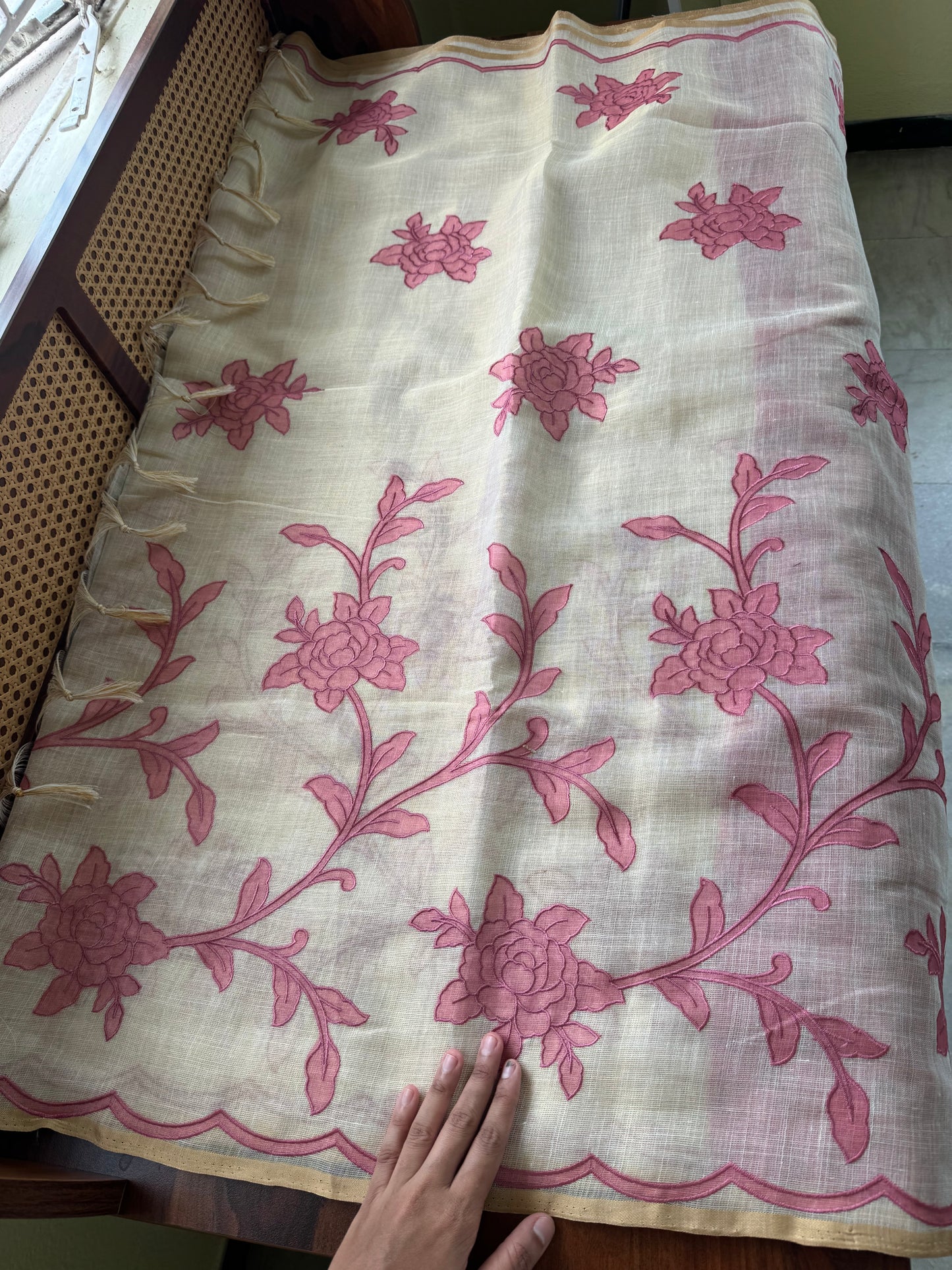 Premium Tissue Linen Sarees with appliqué work - Half White & Pink