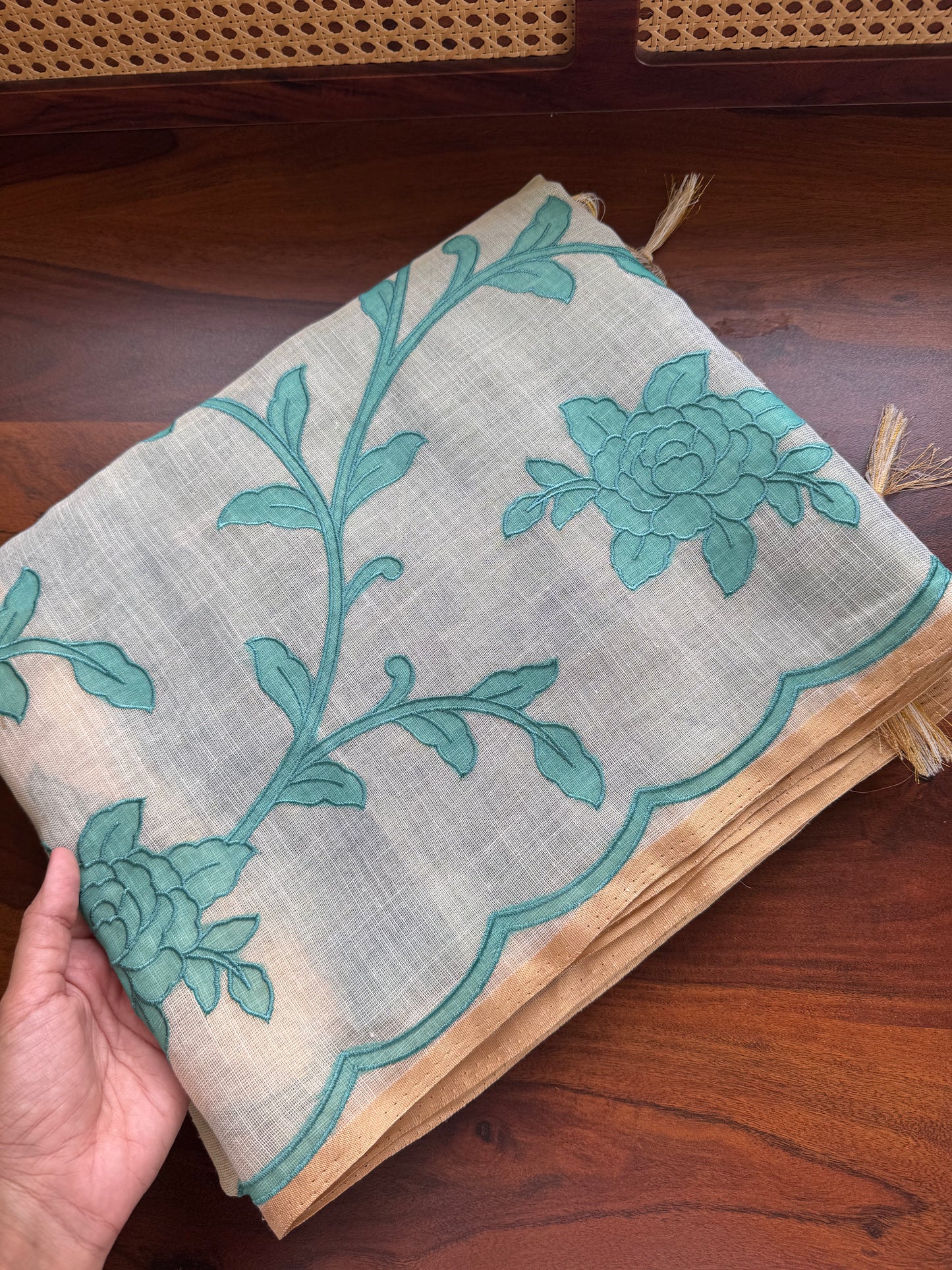 Premium Tissue Linen Sarees with appliqué work - Half White & Blue