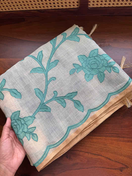 Premium Tissue Linen Sarees with appliqué work - Half White & Blue