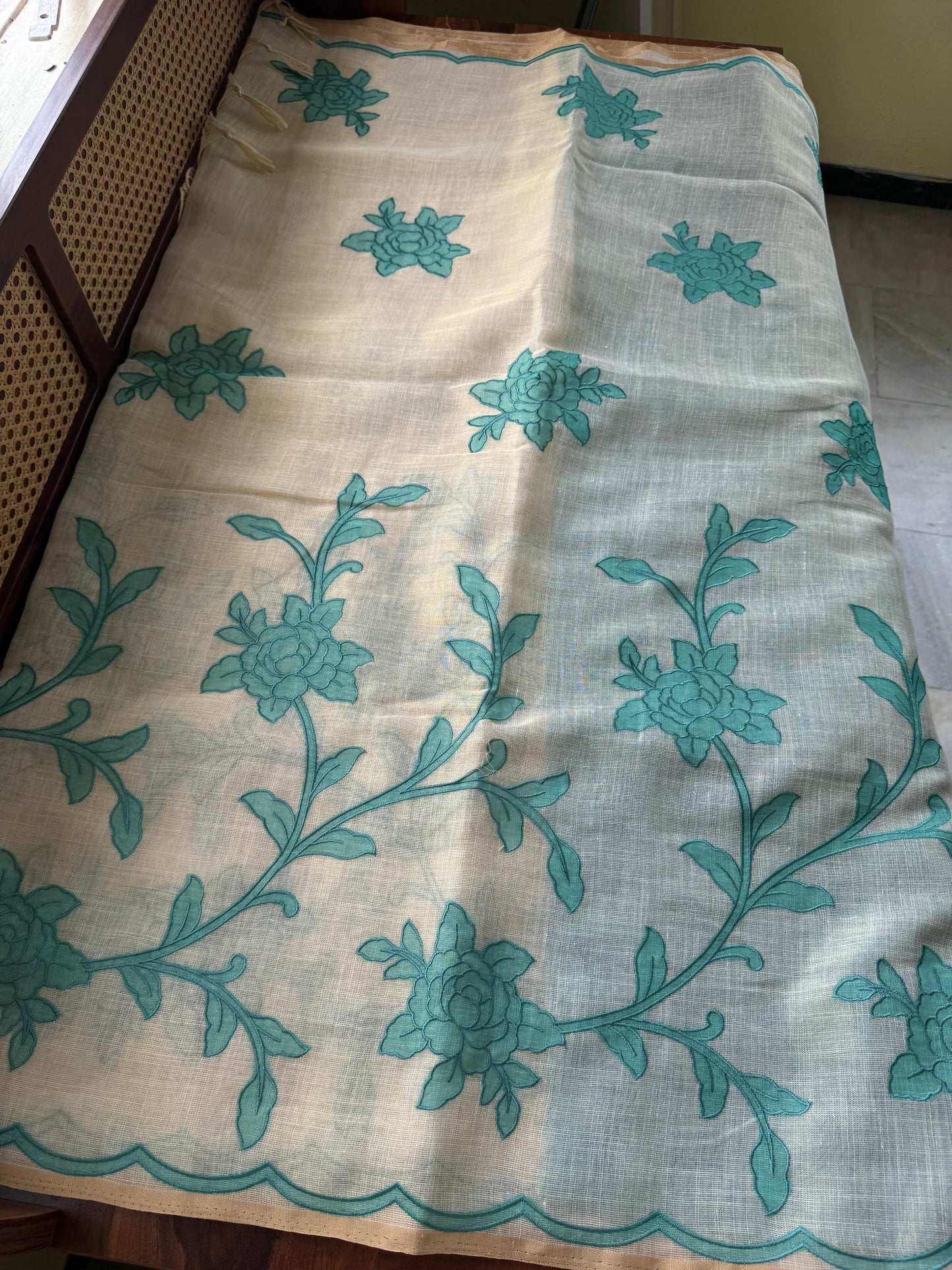 Premium Tissue Linen Sarees with appliqué work - Half White & Blue