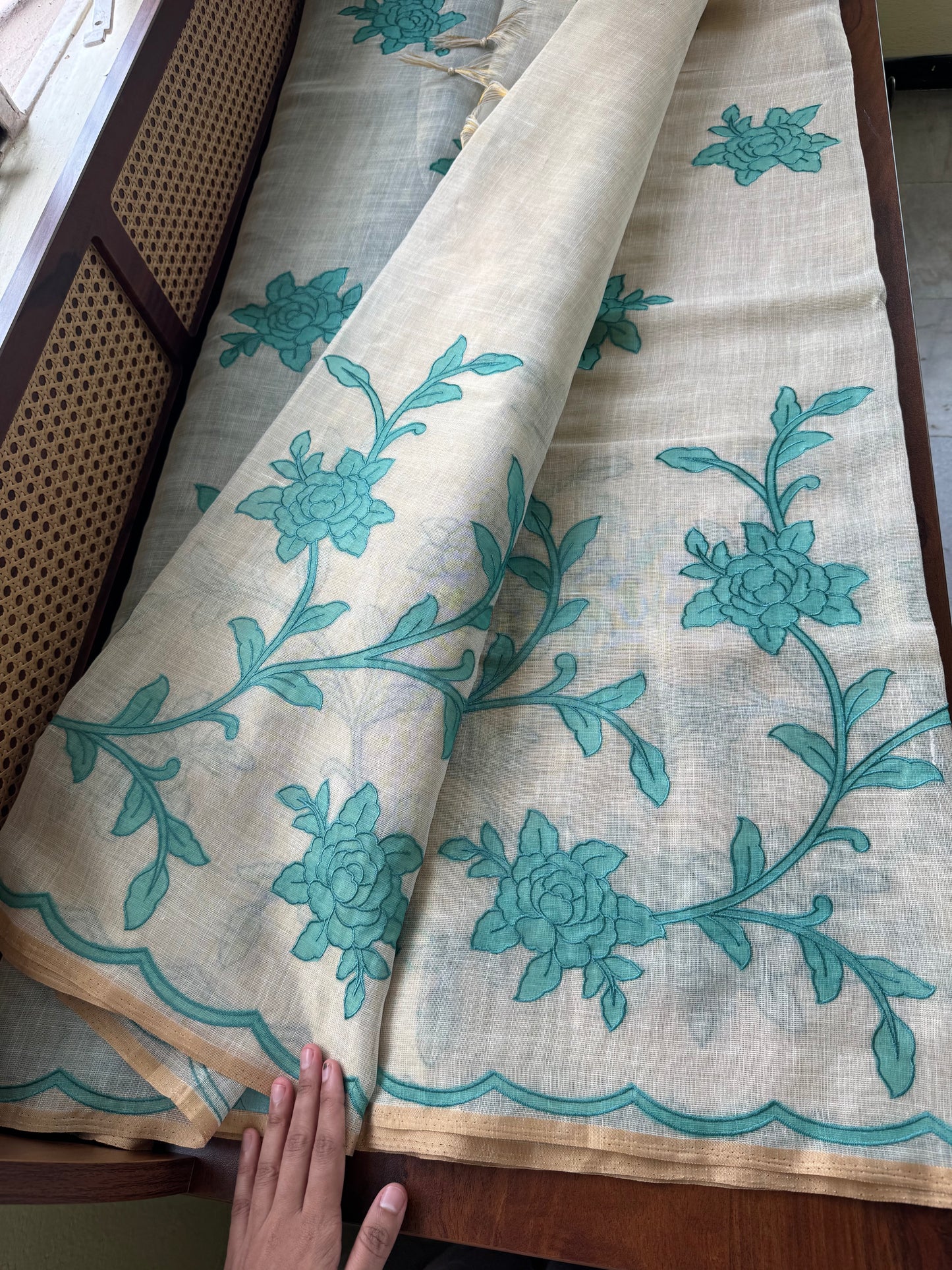 Premium Tissue Linen Sarees with appliqué work - Half White & Blue