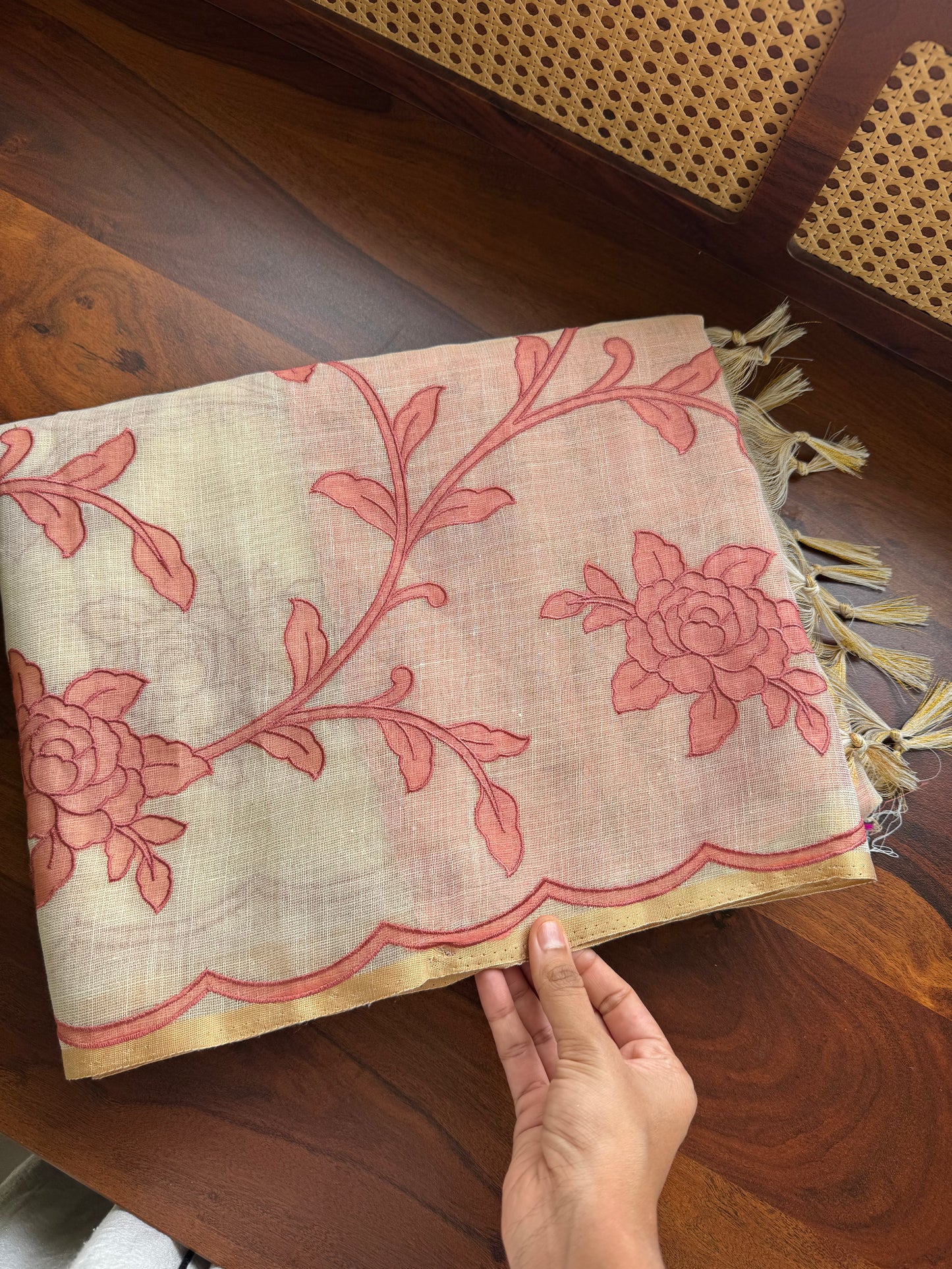 Premium Tissue Linen Sarees with appliqué work - Half White & Peach