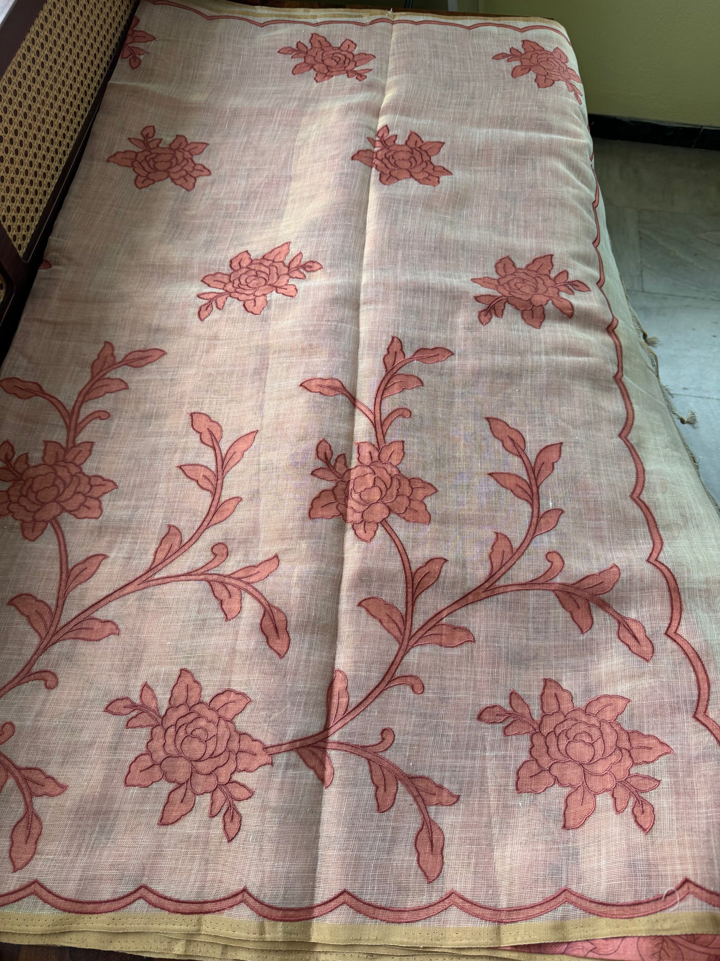 Premium Tissue Linen Sarees with appliqué work - Half White & Peach