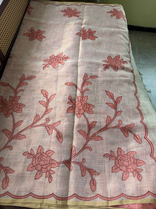 Premium Tissue Linen Sarees with appliqué work - Half White & Peach