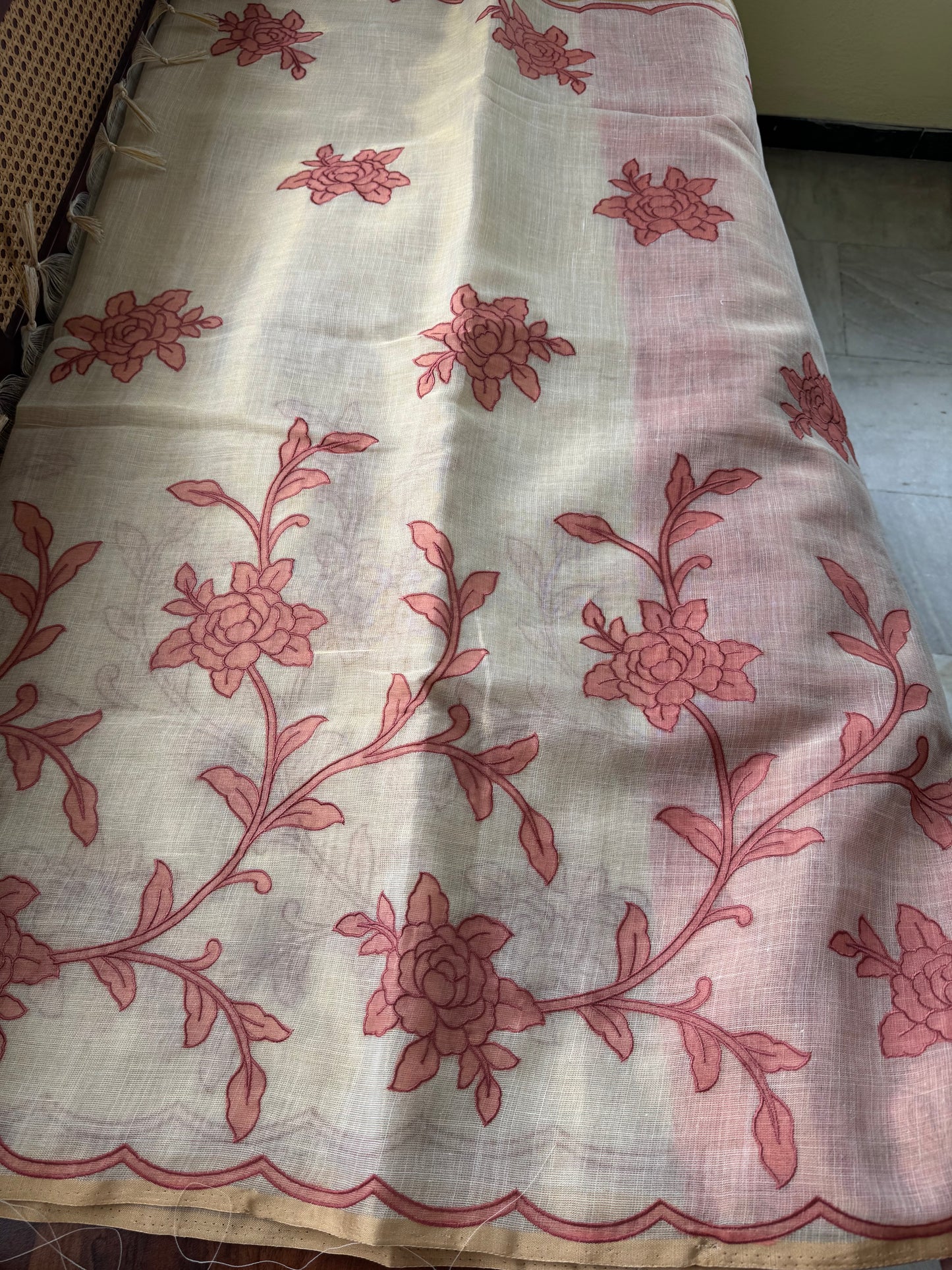 Premium Tissue Linen Sarees with appliqué work - Half White & Peach